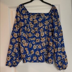 Ann Taylor Blue Blouse with Cream and Black Floral Design